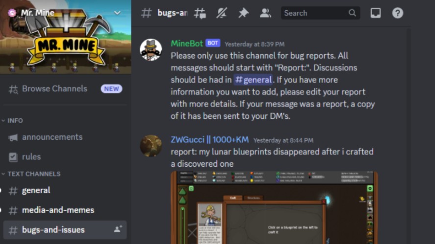 Discord channels to report bugs in Mr. Mine