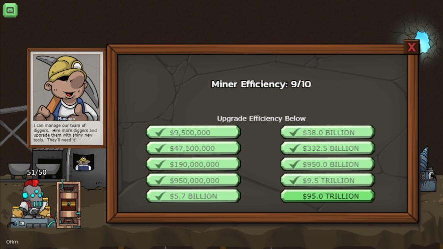 Upgrade Mr. Mine miners with miner efficiency upgrades