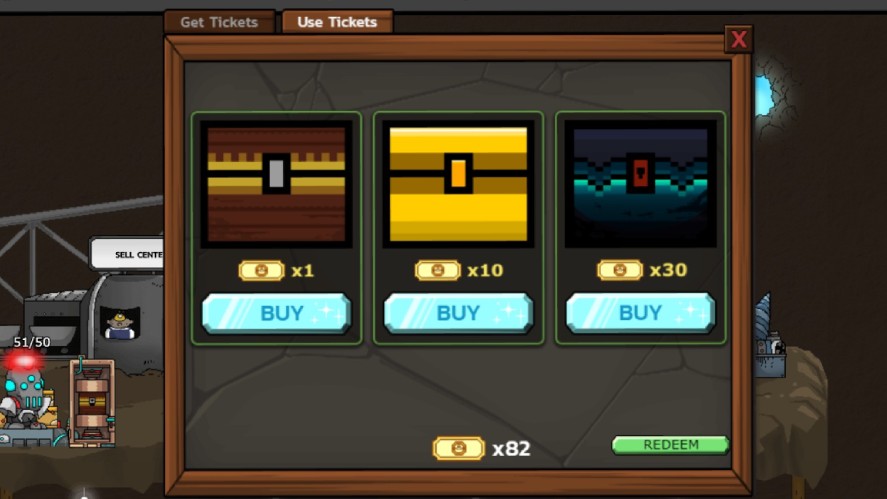 Buying Mr. Mine treasure chests with tickets