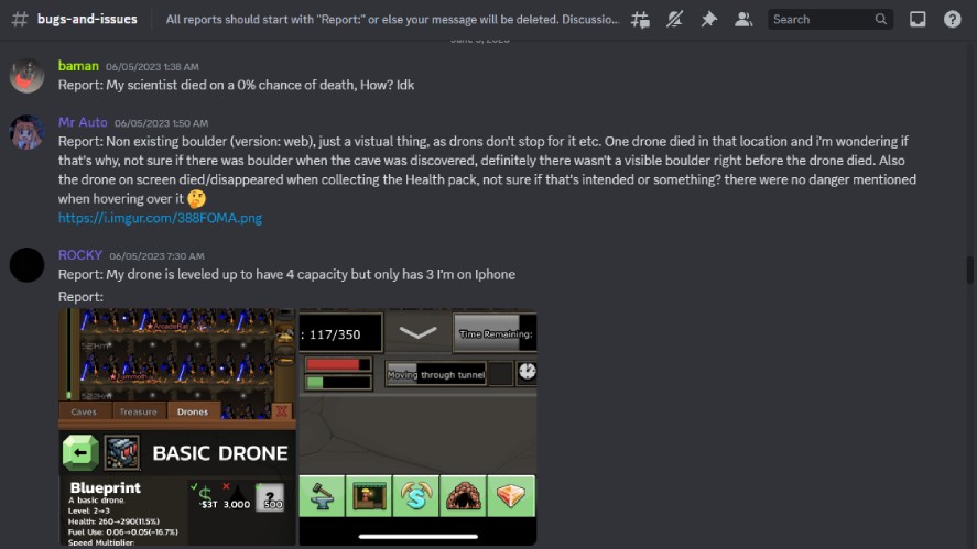 A bugs-and-issues channel in Mr. Mine Discord server