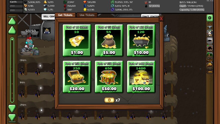 Mr. Mine Idle Game's in-game purchases. Image of the game shop.