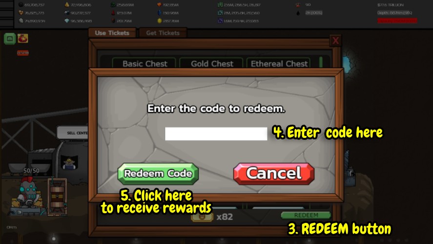 Interface to redeem codes in Mr. Mine