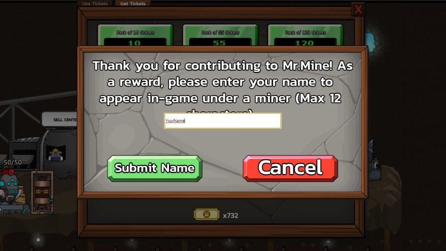 A pop-up to submit your name after purchasing 650 or 1400 tickets.