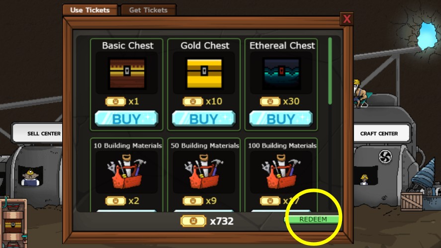 A yellow marker around the redeem button in the Use Tickets tab