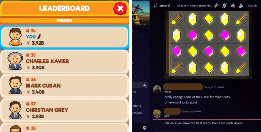 Oil Tycoon vs Mr. Mine Community Engagement:
The left section shows a leaderboard from a game, with a list of players and their ranks. The right section shows forums engagement within the Mr. Mine Idle community. 