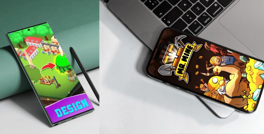 This image shows two smartphones, each displaying a mobile game interface. The phone on the left has a bright, colorful display with a stylus placed next to it, emphasizing a design theme. The game depicted features a vibrant and cartoony farm or village layout. The phone on the right, lying on a laptop keyboard, shows a game called "Mr. Mine" featuring cartoon-style graphics with characters engaging in mining activities.