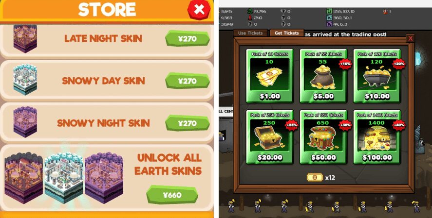 The left section displays a store interface from a game. It offers different skins for purchase: "Late Night Skin," "Snowy Day Skin," "Snowy Night Skin," each priced at ¥270, and an option to "Unlock All Earth Skins" for ¥660. The skins are visually represented with small icons showing different themed designs.
