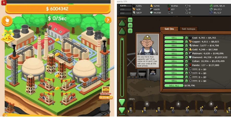 The left section depicts a game interface featuring an industrial complex with various buildings, storage tanks, and machinery. The top of the screen shows a balance of $600,4342 and a $0/Second income rate. The interface includes buttons for upgrades and options. A timer for a special order is visible on the right side.