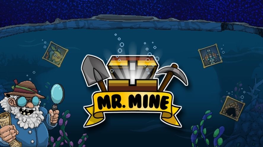 The image shows a "Mr. Mine" logo featuring a treasure chest and pickaxe with bubbles rising around it, suggesting an underwater setting. In the background, there are frames displaying images of mining-related objects. On the left, a miner with a beard, wearing glasses and holding a magnifying glass, is seen, adding an exploration theme to the overall design.