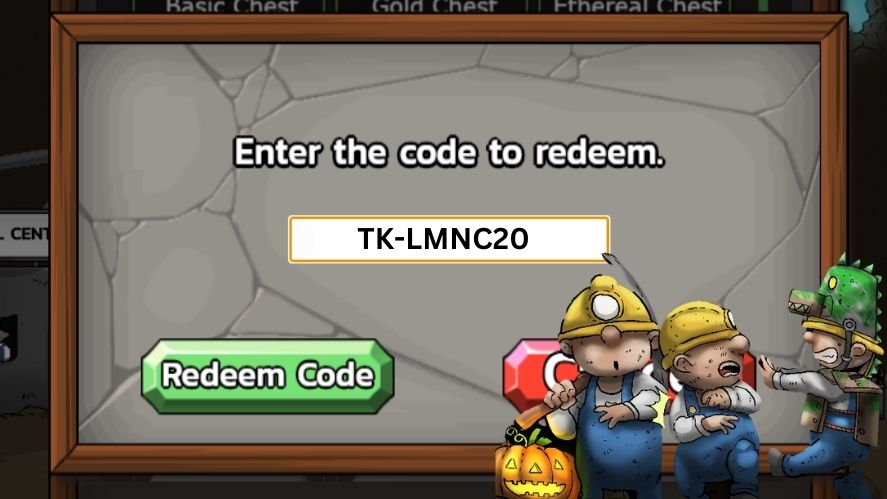 The image displays a redeem code screen for "Mr. Mine Idle," with the text "Enter the code to redeem" at the top. The code shown is "TK-LMNC20," and below the code is a green button labeled "Redeem Code." In the lower right corner, there are miners, one of whom is dressed in a green dinosaur costume, along with a glowing pumpkin.