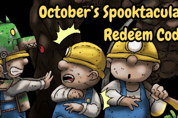 The image shows three miners wearing yellow helmets, with one dressed in a green dinosaur costume. The text reads: "October's Spooktacular Redeem Code.