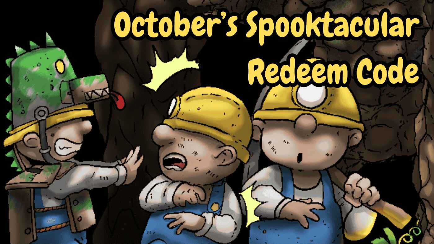 The image shows three miners wearing yellow helmets, with one dressed in a green dinosaur costume. The text reads: "October's Spooktacular Redeem Code.