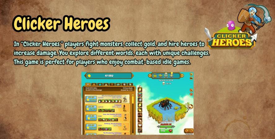 Graphic titled 'Clicker Heroes,' featuring a description of the game where players fight monsters, collect gold, and hire heroes to increase damage, with a screenshot of the gameplay and the Clicker Heroes logo displayed.