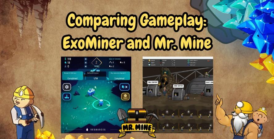 An illustrated banner titled 'Comparing Gameplay: ExoMiner and Mr. Mine' featuring two game screenshots. On the left, a screenshot from ExoMiner shows a futuristic mining interface with resources and missions. On the right, a screenshot from Mr. Mine depicts a traditional mining setup with workers and upgrades. Cartoon characters of miners are positioned on both sides of the banner, with colorful crystals on the top right. The 'Mr. Mine' logo with a pickaxe and shovel is at the bottom center.