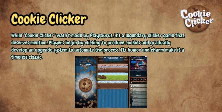 "Graphic titled 'Cookie Clicker,' describing the game as a legendary clicker game where players produce cookies by clicking and unlock upgrades to automate the process, featuring a gameplay screenshot and the Cookie Clicker logo."