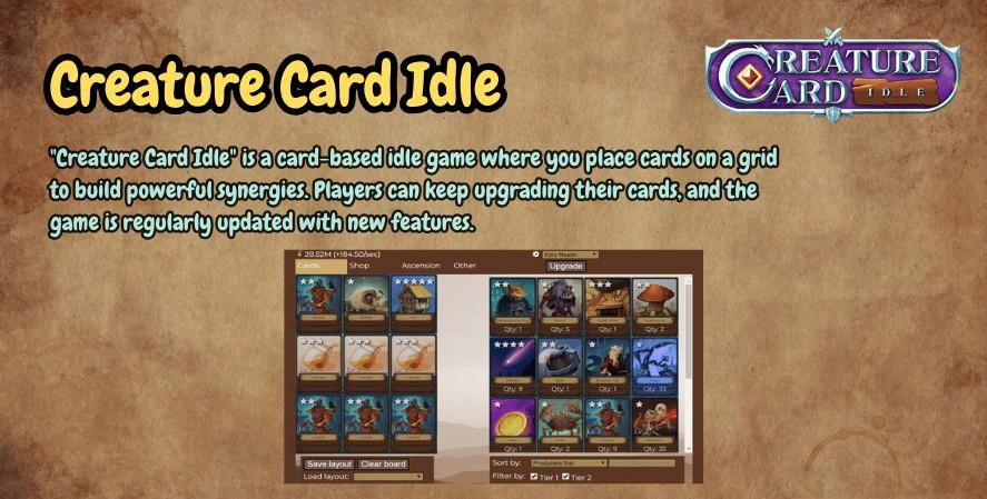 Graphic titled 'Creature Card Idle,' featuring a description of the game as a card-based idle game where players place cards on a grid to create synergies, upgrade cards, and enjoy regular updates, with a gameplay screenshot and the Creature Card Idle logo.