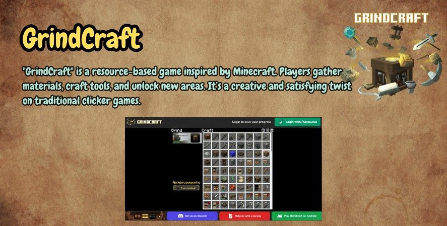 "Graphic titled 'GrindCraft,' featuring a description of the game as a resource-based idle game inspired by Minecraft, where players gather materials, craft tools, and unlock new areas, accompanied by a gameplay screenshot and the GrindCraft logo."