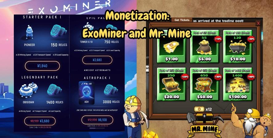 An illustrated banner titled 'Monetization: ExoMiner and Mr. Mine' comparing in-game purchase options. On the left, ExoMiner offers packs such as 'Starter Pack I' and 'Legendary Pack,' featuring items like Pioneer and Obsidian with mining speed and capacity upgrades. On the right, Mr. Mine displays ticket packs priced from $1 to $100, offering various quantities of tickets for in-game use. Cartoon miner characters are positioned on both sides of the banner, with the 'Mr. Mine' logo at the bottom center, accompanied by colorful crystals on the right side.