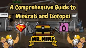 Mr Mine's Resources guide cover image featuring minerals, isotopes, cartoon miners, treasure chest, and title text