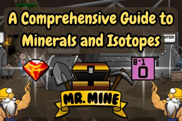 Mr Mine's Resources guide cover image featuring minerals, isotopes, cartoon miners, treasure chest, and title text