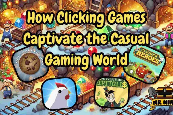 "Festive mining-themed background featuring vibrant Christmas decorations, glowing gems, and cheerful characters from popular clicking games like Cookie Clicker, Clicker Heroes, Adventure Capitalist, and Mr. Mine, with the title 'How Clicking Games Captivate the Casual Gaming World' prominently displayed.