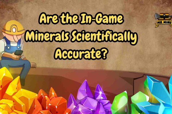 Mr Mine Game: Are the In‑Game Minerals Scientifically Accurate? Cartoon miner character sitting with a phone, surrounded by colorful crystals (yellow, red, purple, green, and blue) with the text "Are the In-Game Minerals Scientifically Accurate?" and the Mr. Mine logo in the corner.