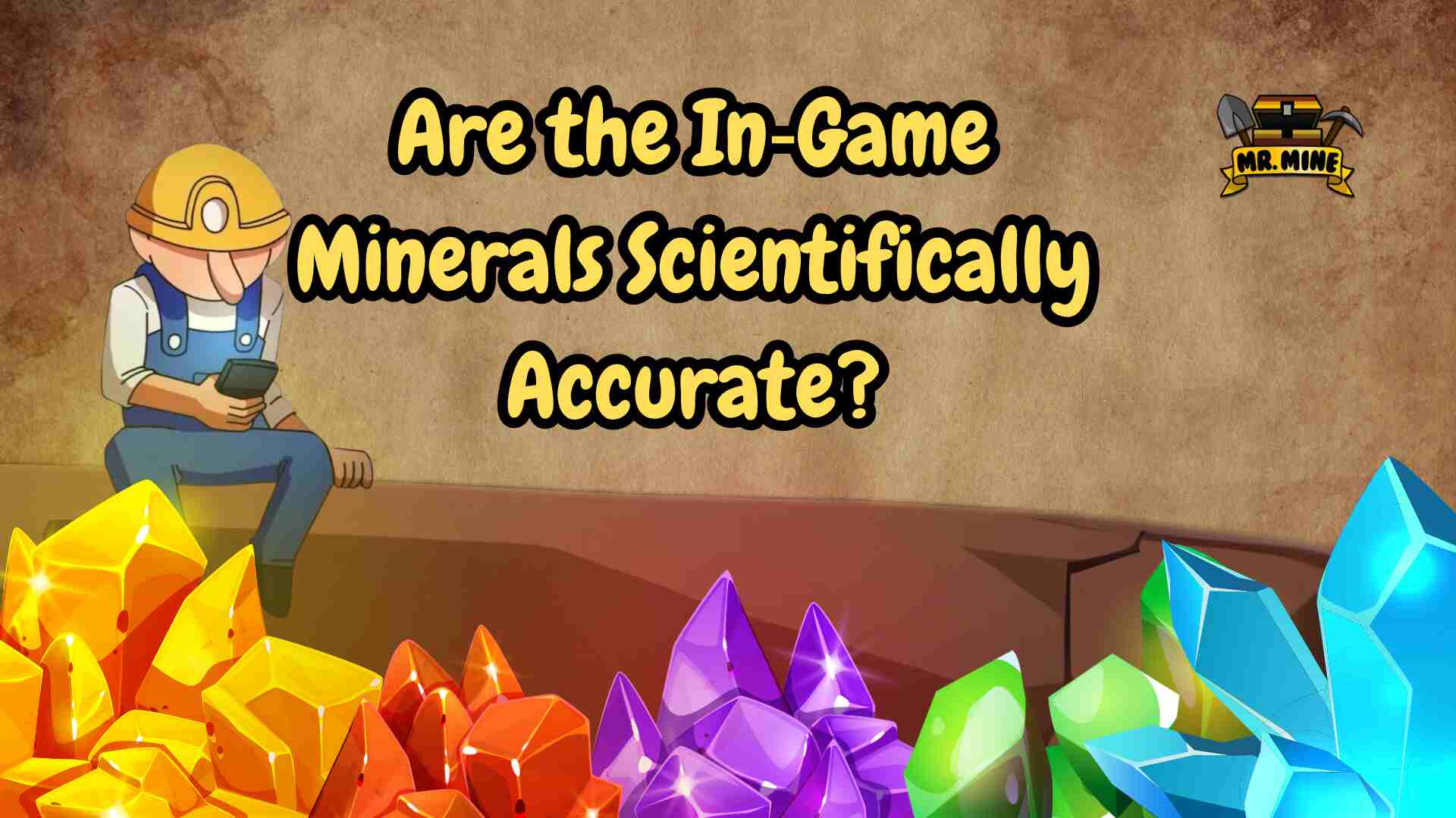 Cartoon miner character sitting with a phone, surrounded by colorful crystals (yellow, red, purple, green, and blue) with the text "Are the In-Game Minerals Scientifically Accurate?" and the Mr. Mine logo in the corner.