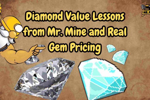Diamond Value Lessons from Mr. Mine and Real Gem Pricing Illustration of a miner character from Mr. Mine pointing at diamonds, with the text “Diamond Value Lessons from Mr. Mine and Real Gem Pricing” in bold yellow font. The image features both real and pixelated diamond graphics on a textured brown background, with the Mr. Mine logo in the top right corner.