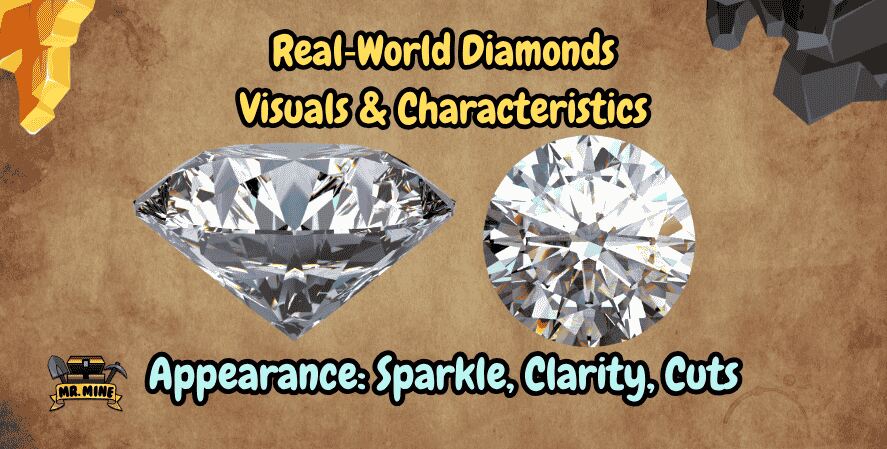Infographic titled “Real-World Diamonds – Visuals & Characteristics” featuring two high-resolution diamond images (side and top view) on a brown textured background. It highlights the appearance of real diamonds in terms of sparkle, clarity, and cuts, with stylized text and Mr. Mine branding in the corners.
