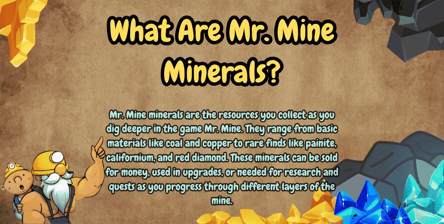 Illustration featuring cartoon miners with colorful gems and bold text that reads "What Are Mr. Mine Minerals?" followed by a short explanation about collecting resources like coal, copper, painite, californium, and red diamond in the game Mr. Mine.