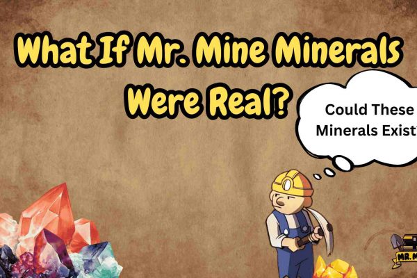 What If Mr. Mine Minerals Were Real? Cartoon-style image with a miner character from Mr. Mine holding a pickaxe, standing next to colorful crystals. Text above reads "What If Mr. Mine Minerals Were Real?" with a thought bubble saying "Could These Minerals Exist?" on a brown textured background. The Mr. Mine logo appears in the bottom right.