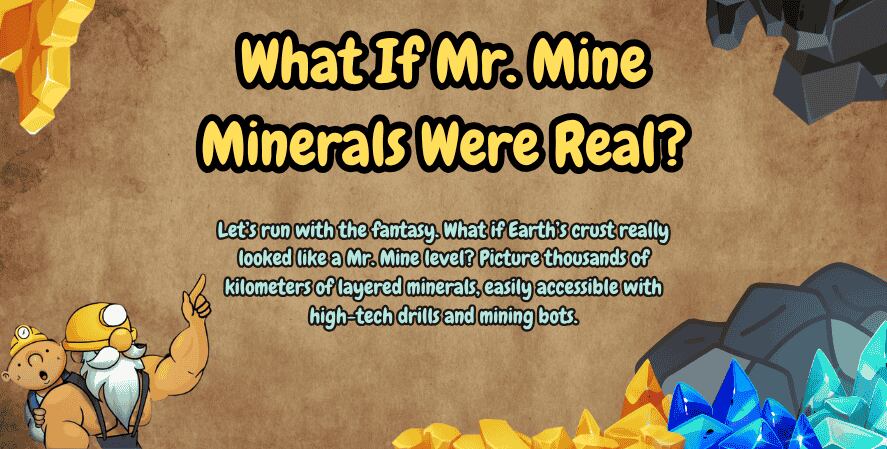 Illustration with bold text saying “What If Mr. Mine Minerals Were Real?” A muscular cartoon miner with a child points upward, while colorful crystals and element symbols decorate the corners. Below, a paragraph imagines Earth’s crust like a Mr. Mine level, filled with layered minerals accessed by drills and mining bots.