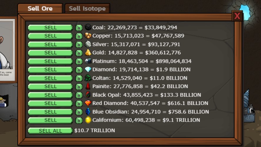 In-game value when selling all Earth minerals