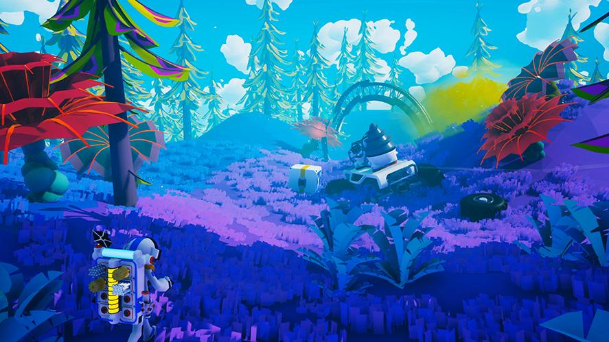 An astroneer player is in the middle of a forest with debris of a destroyed vehicle