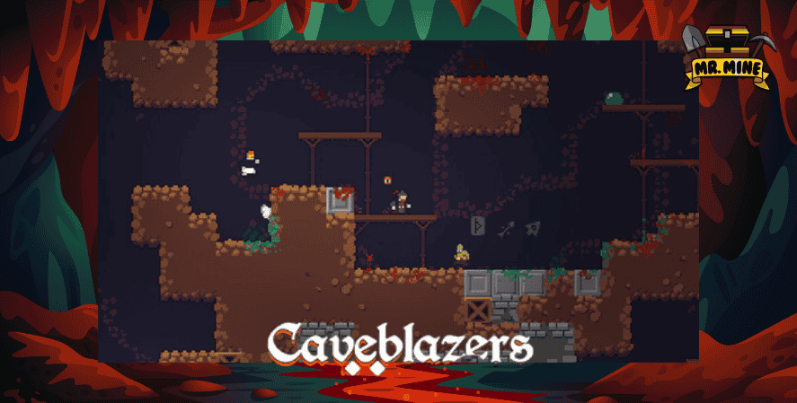 Mining Games Steam
Pixel-art screenshot from the game Caveblazers showing characters exploring a multi-level cave with enemies, platforms, and mining tunnels. The scene is dark with earthy tones, framed by a red cave border. The “Mr. Mine” logo appears in the corner, and the title “Caveblazers” is displayed at the bottom.