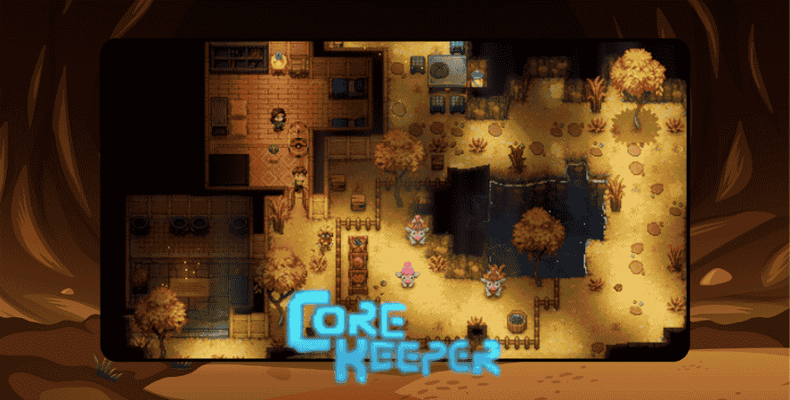 Mining Games Steam
Screenshot from the game Core Keeper showing a bright, underground base surrounded by trees, furniture, crafting stations, and a central water pit. Pixel-art characters explore the area. The scene has a warm, earthy tone with the game title “Core Keeper” displayed in glowing blue at the bottom.