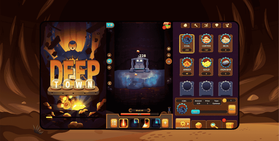 Screenshot of Deep Town dwarf mining game showing the game’s title screen, mining interface with a drill extracting resources, and an inventory menu with items like coal, copper, iron, gold, and amber.