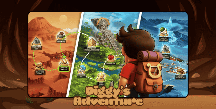 Free Mining Games
Illustration of Diggy’s Adventure showing a backpack explorer viewing different map locations including mines, pyramids, and snowy landscapes, with the game title Diggy’s Adventure.