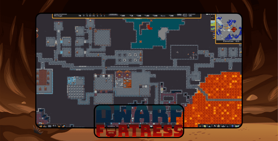 Screenshot of dwarf mining game Fortress showing an underground base layout with rooms, tunnels, and a large lava area, framed by a cave background with the Dwarf Fortress logo.