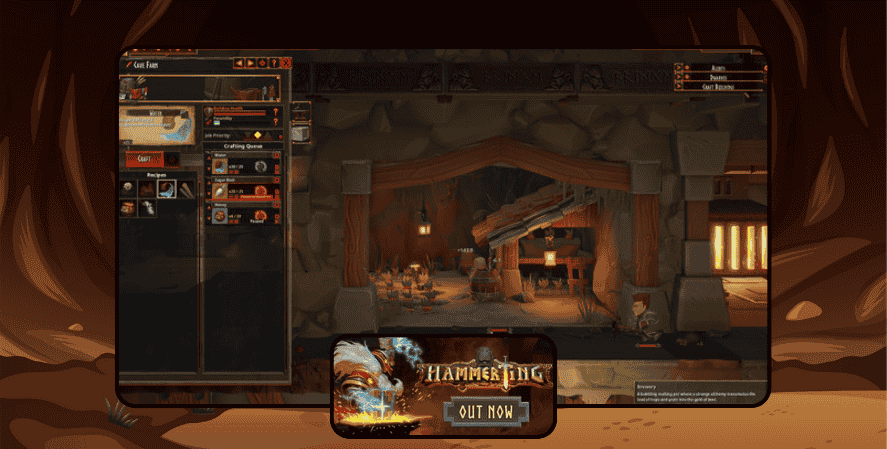 Screenshot of Hammerting showing a detailed underground dwarf base with crafting stations and resource management menus, with the Hammerting logo and “Out Now” text at the bottom.