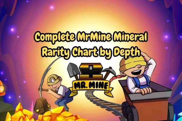How Mineral Rarity Changes with Depth in MrMine Illustration of two cartoon miners in MrMine, with gold and crystals surrounding them and a treasure chest logo. Text reads: "Complete MrMine Mineral Rarity Chart by Depth.