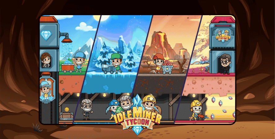 Screenshot of Idle Miner Tycoon showing cartoon miners working in different environments, including icy mountains, deserts, and gem mines, with the game’s logo at the bottom center.