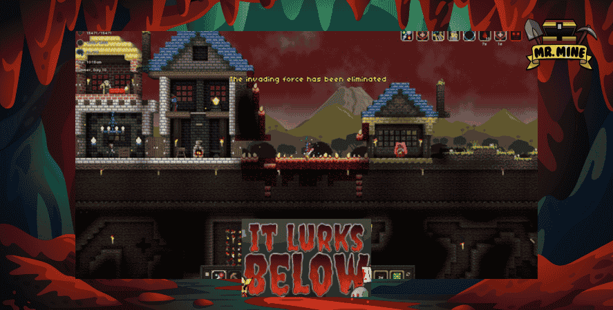 Mining Games Steam
Gameplay screenshot from It Lurks Below showing a pixel-art village above ground with buildings, characters, and combat text that reads "The invading force has been eliminated." Below, dark tunnels and underground rooms are visible. The image includes a red cave-themed border, a “Mr. Mine” logo, and the title “It Lurks Below” at the bottom.