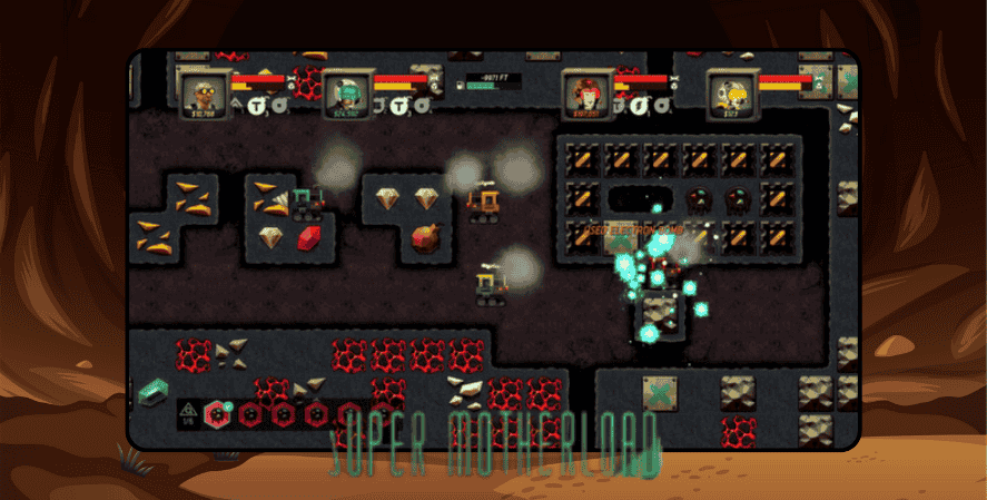 Free Mining Games
Screenshot of Super Motherload gameplay showing miners collecting gems and ores underground with vehicles and tools.