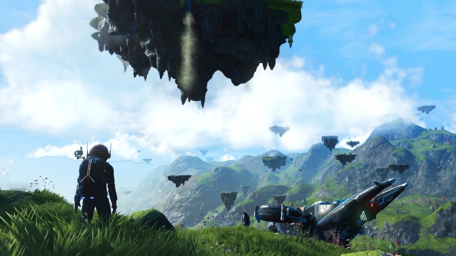 A player standing on the hill with a floating sky and below is a vehicle
