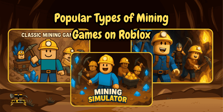 Banner titled ‘Popular Types of Mining Games on Roblox’ showing three Roblox mining scenes: classic mining with carts and crystals, Mining Simulator with miners collecting gold, and an RPG-style mining adventure with characters exploring glowing caves. Mr. Mine logo at the bottom.