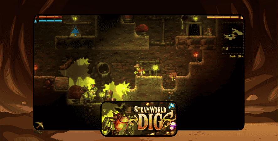Screenshot of SteamWorld Dig showing a steampunk-style underground mining scene with a robot character digging through dirt and glowing minerals, with the game’s logo at the bottom.