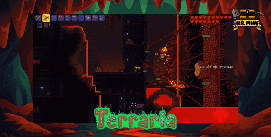 Mining Games Steam
Screenshot from the game Terraria showing an intense underground battle against the Wall of Flesh boss in a lava-filled cave. The interface displays health bars and inventory tools. The scene is framed with a red cave border and features the “Mr. Mine” logo and a glowing “Terraria” title at the bottom.