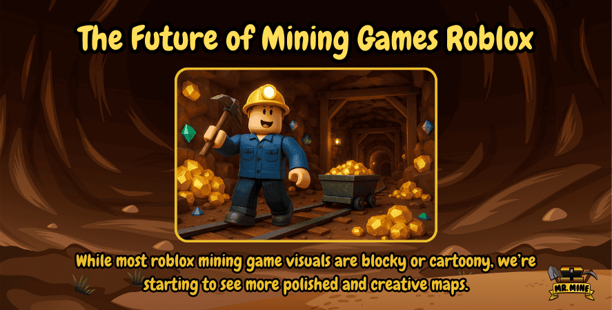 Banner titled ‘The Future of Mining Games Roblox’ showing a Roblox miner with a pickaxe standing in a gold-filled cave next to a mining cart on tracks. The caption highlights how Roblox mining games are evolving with more polished and creative maps. Mr. Mine logo at the bottom.