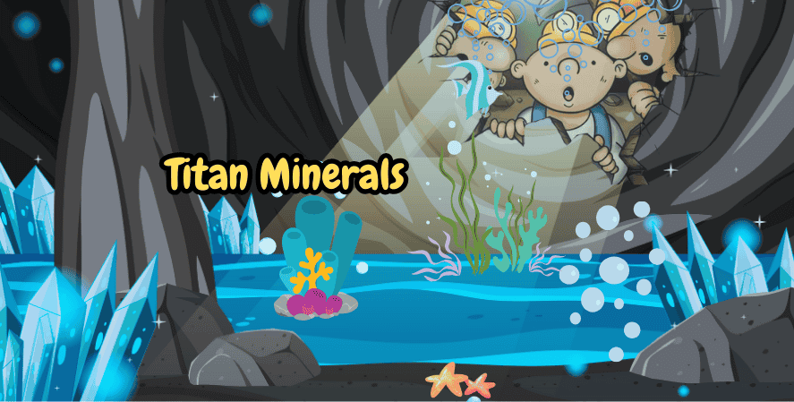 Group of cartoon miners peeking into an underwater crystal cave with glowing blue crystals and the text "Titan Minerals." A humorous, mysterious scene suggesting rare finds.